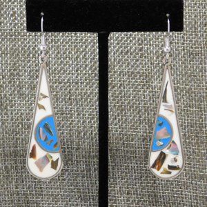 SOLD----Vintage Mexican Dangle Drop Earrings Abalone Shell Alpaca Silver White